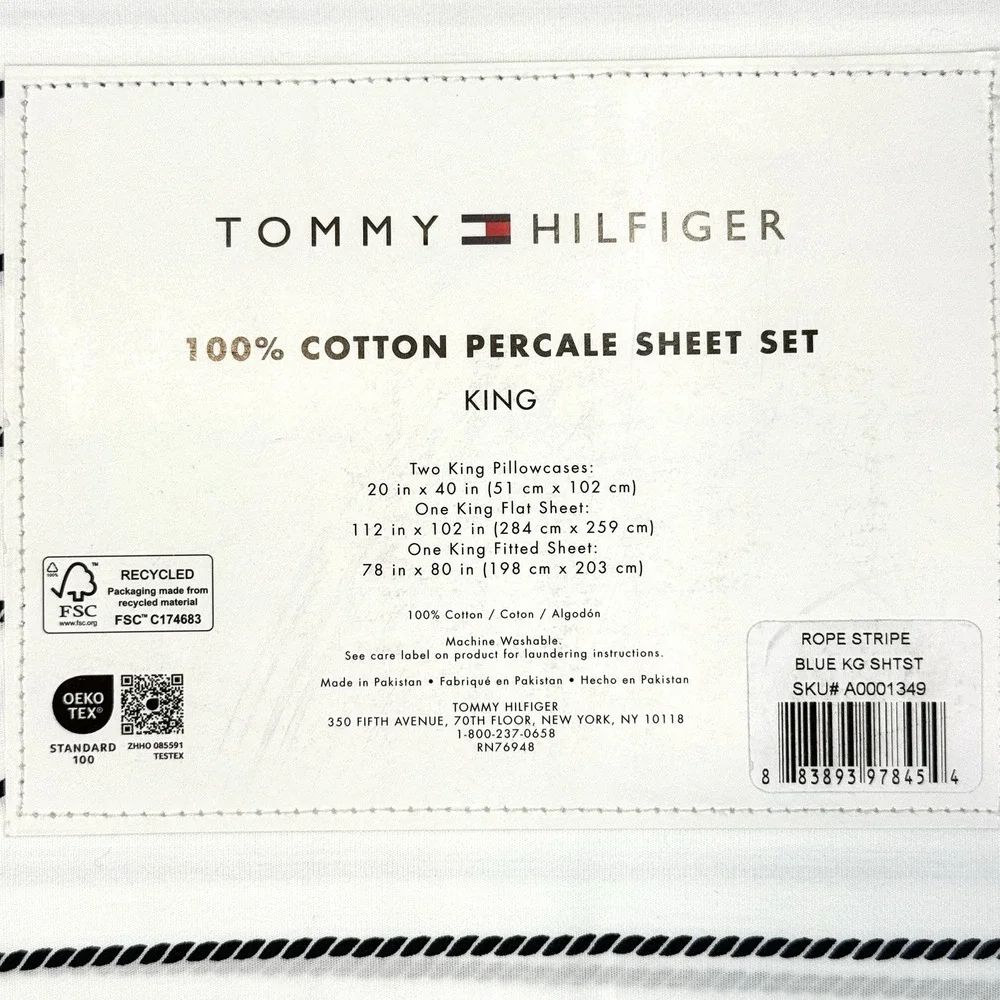 Tommy Hilfiger Rope Stripe KING Sheet Set 100% Cotton Blue White NEW